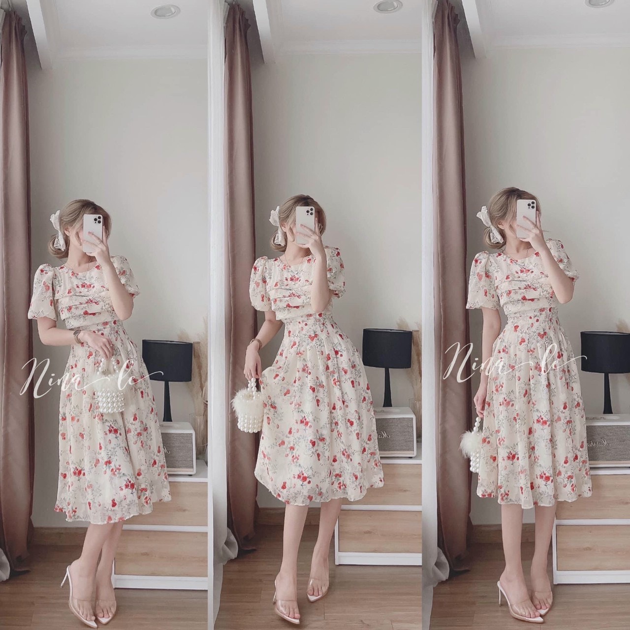 Đàm hoa chifon voan 2 lớp xếp ly ở áo , eo bụng váy xòe như công chúa