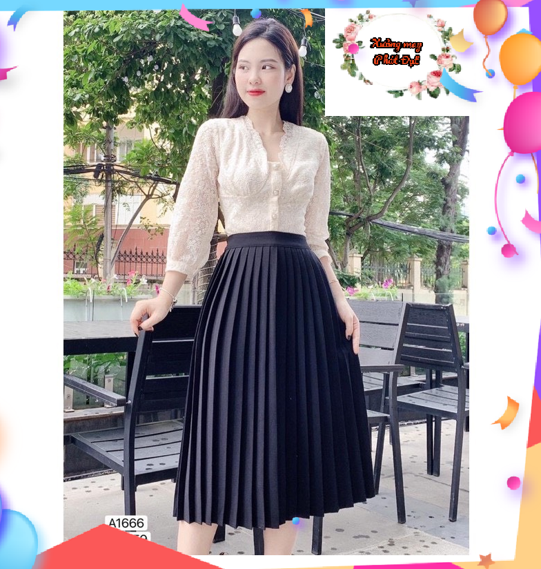 Chân váy xếp ly dáng dài qua gối, chân váy dập ly dài màu đen freesize dưới 65kg