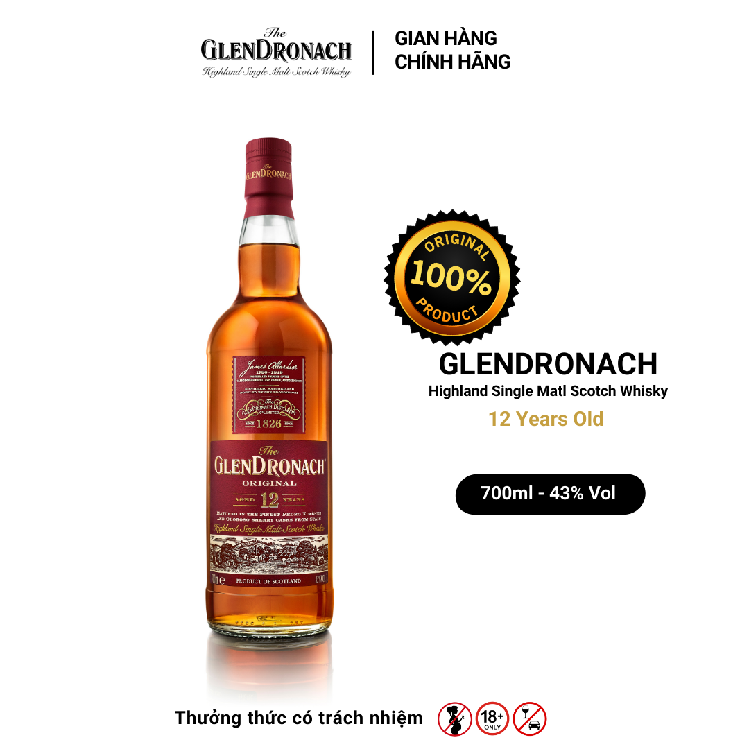 Rượu GLENDRONACH Highland Single Malt Scotch Whisky 12YO Nồng Độ Alc 43% 700ml [Có kèm hộp]