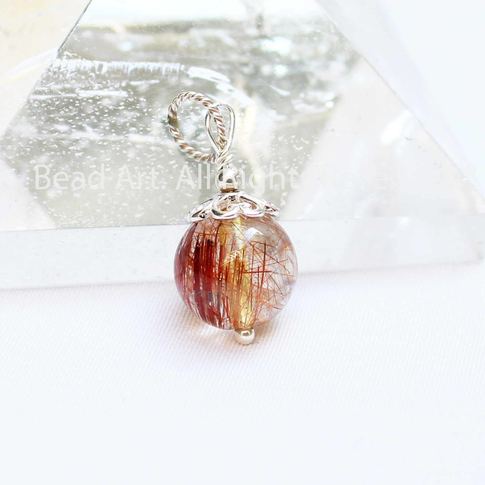Mặt dây chuyền thạch anh tóc đỏ, red rutilated quartz tự nhiên 9mm loại aa, trang sức đá phong thuỷ, mệnh hoả, thổ - bead art