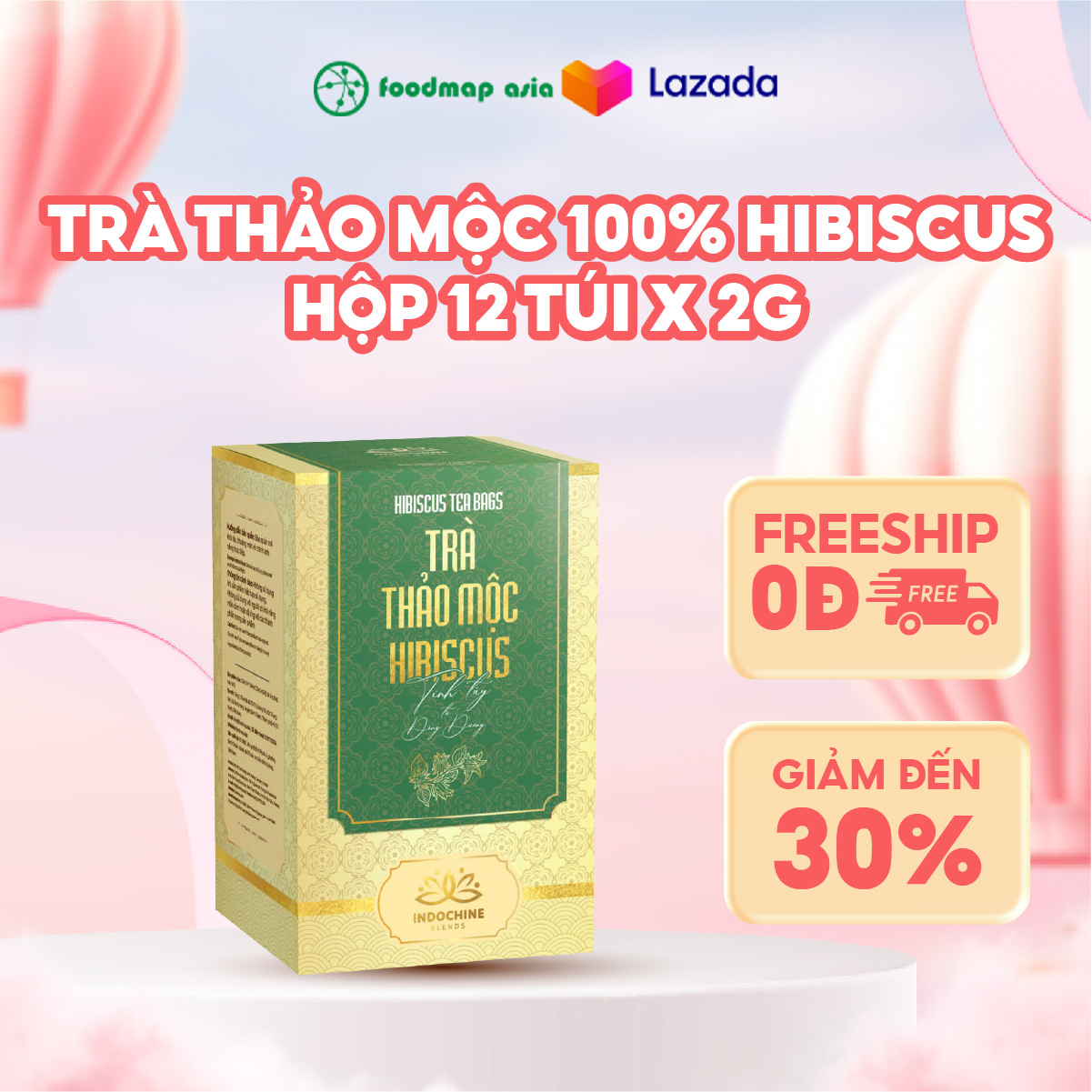 Trà Thảo Mộc 100% Hibiscus - Hộp 12 Túi 24G - Indochine Blends