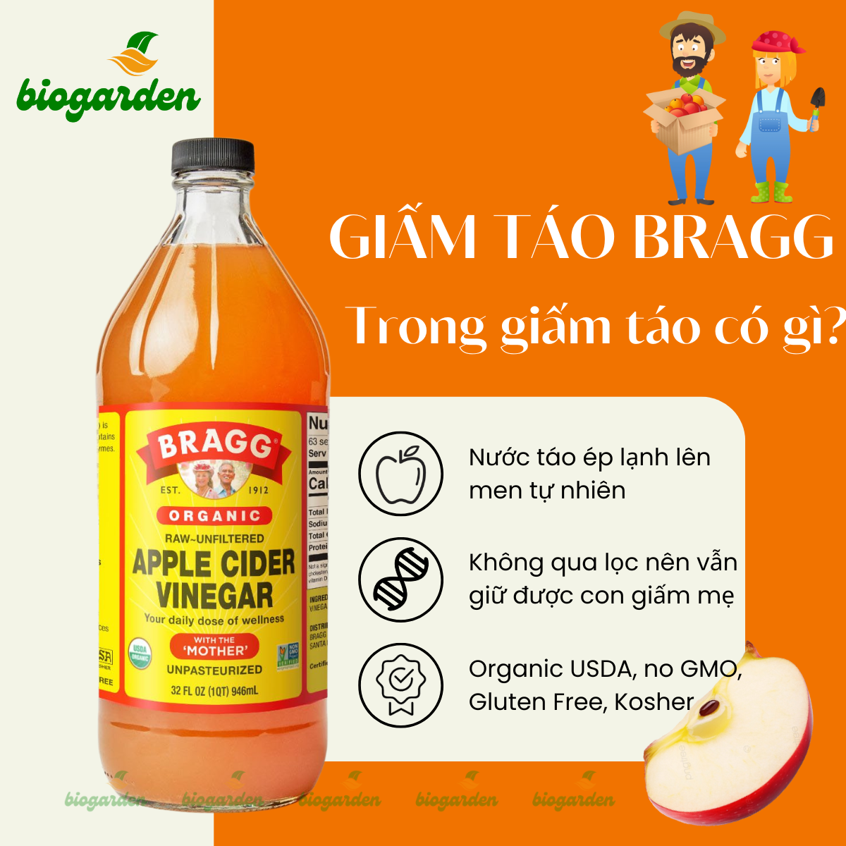 (03 Quà tăng kèm) Giấm Táo Hữu Cơ Nguyên Chất chính hãng Bragg chai 946ml (Có Giấm Mẹ) - Ăn Kiêng - Hỗ Trợ Tiêu Hoá - Giảm Cân - Hạ Cholesterol - Giảm Tiểu Đường - Biogarden