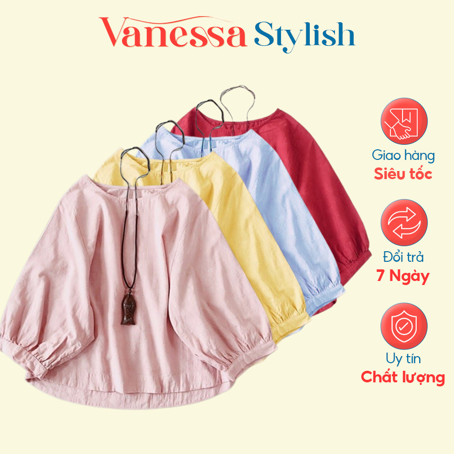 Áo kiểu nữ cổ tròn tay lỡ Hàn Quốc Vanessa Stylish chất liệu đũi tơ mềm nhẹ mát form rộng bigsize AKH.46