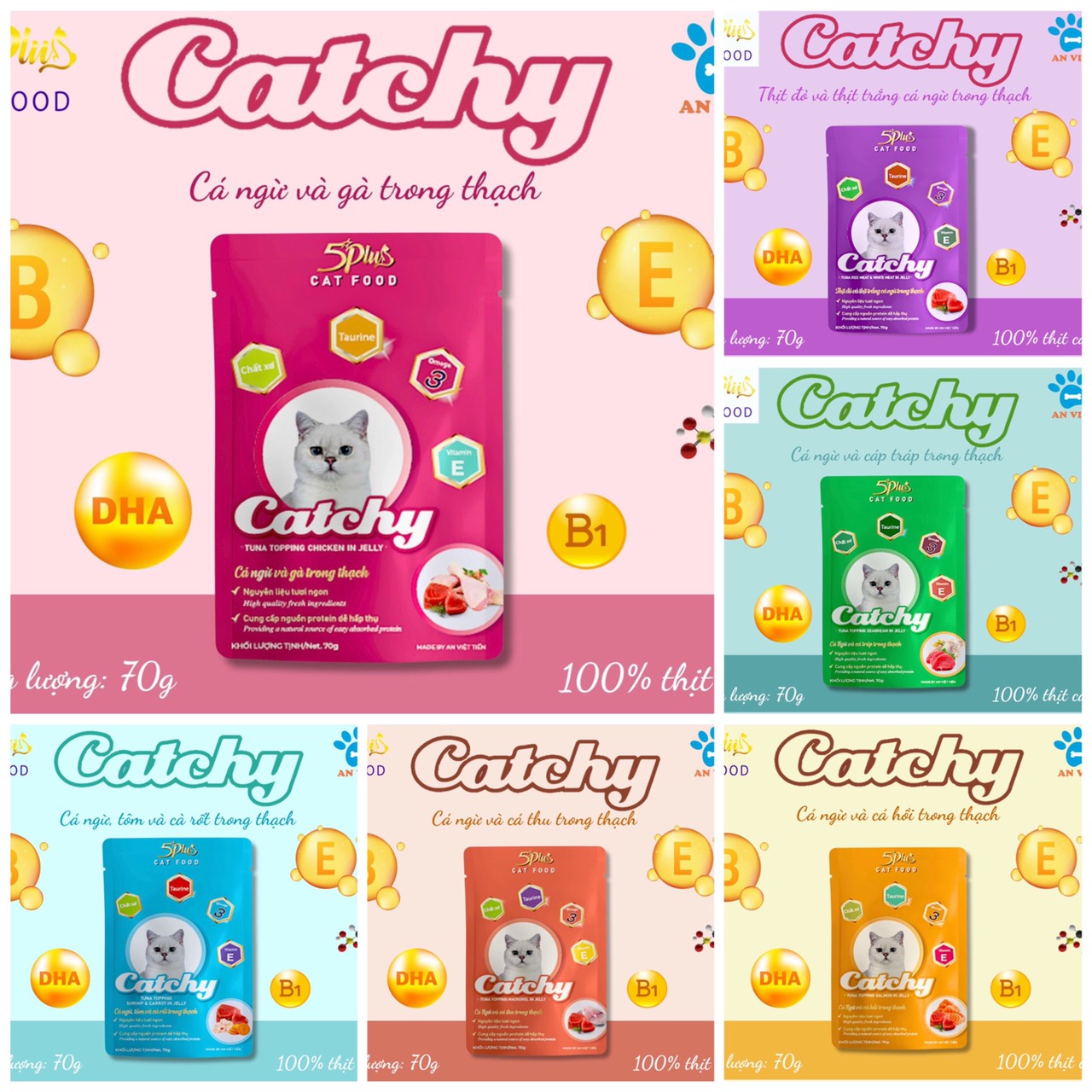 Pate cho mèo mọi lứa tuổi catchy 5plus cat food túi 70g