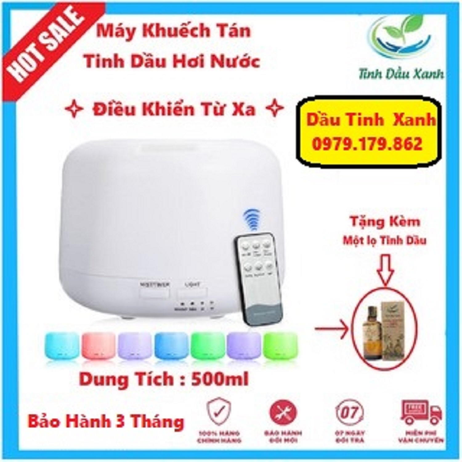 Máy Khuếch tán tinh dầu Aroma 500ml có điều khiển, tặng kèm tinh dầu