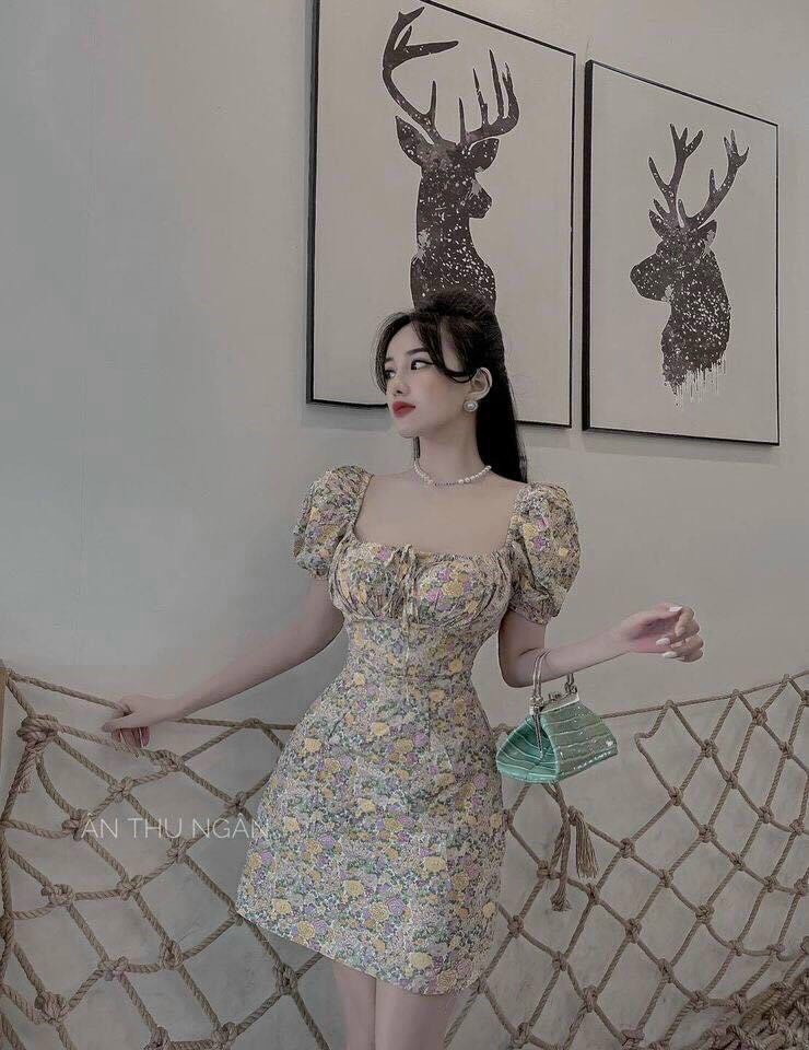 Đầm hoa nhí nữ tay phồng nhún ngực