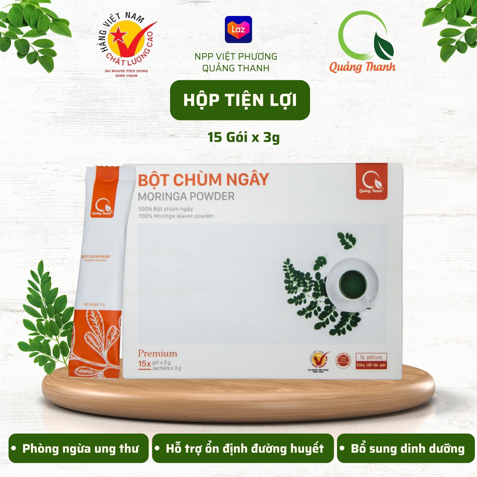 HCM-Hộp Bột Chùm Ngây Quảng Thanh - 15 gói x 3g - Bổ sung vitamin và nguồn dinh dưỡng -  Phòng ngừa ung thư