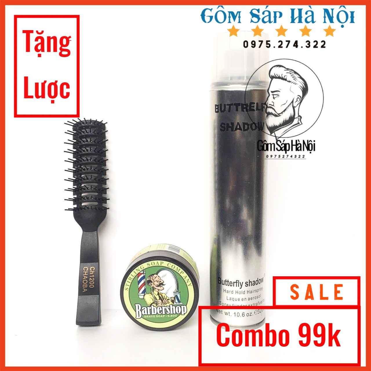 ( tặng lược ) Gôm xịt tóc tạo kiểu giữ nếp nam nữ Butterfly Shadow 320ml + Sáp vuốt tóc nam cao cấp bóng mượt BarberShop Shave Soap 80gr