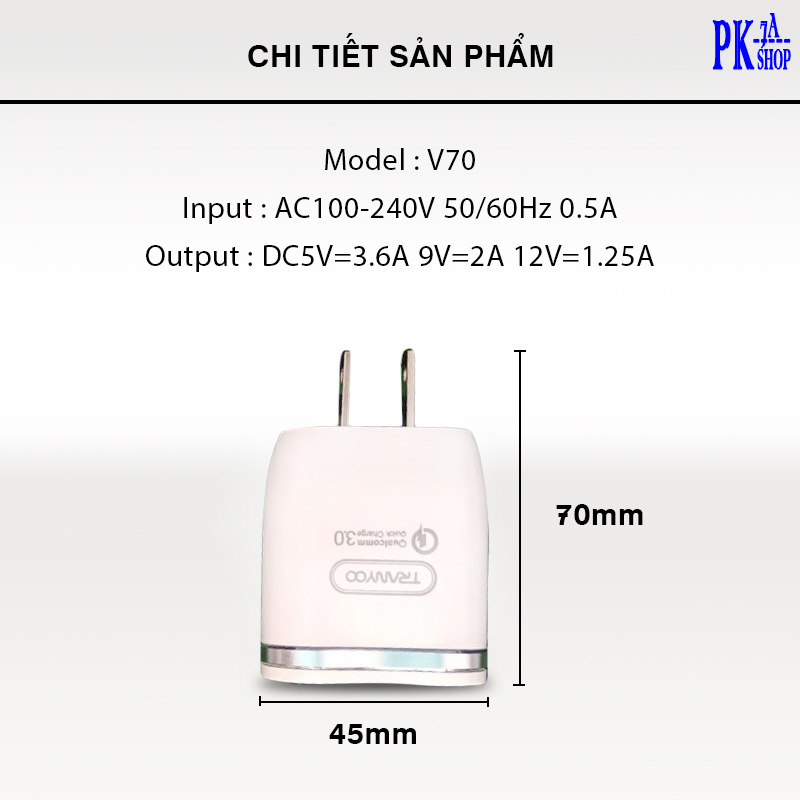 [Mã ELHA9 giảm 15% đơn 50K] Củ Sạc Nhanh Chuẩn QC 3.0 Tích Hợp Chip Thông Minh An Toàn V70