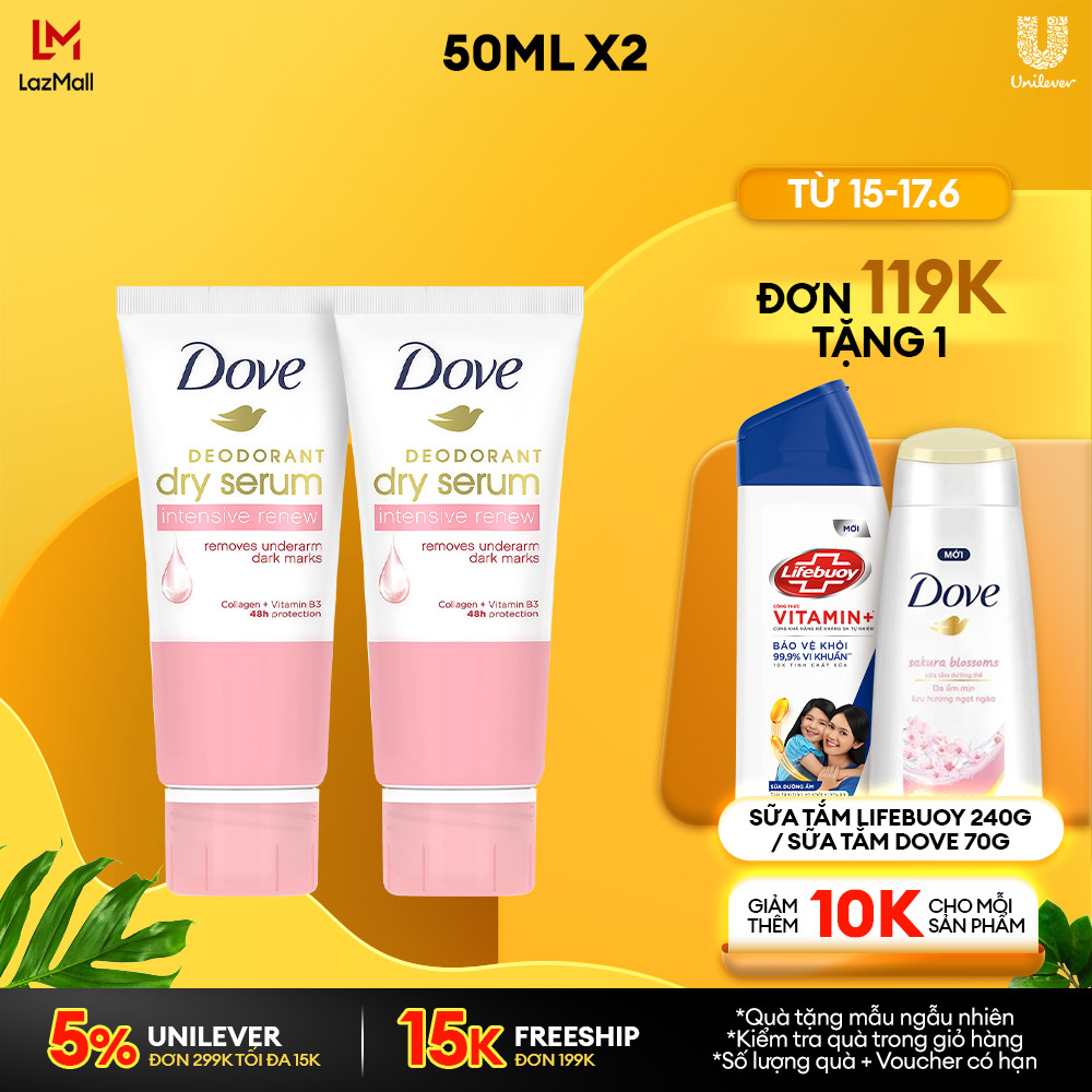 Combo 2 Kem khử mùi Dove tinh chất serum dành cho nữ với Collagen & Vitamin B3 dưỡng da sáng mịn & đều màu 50ml