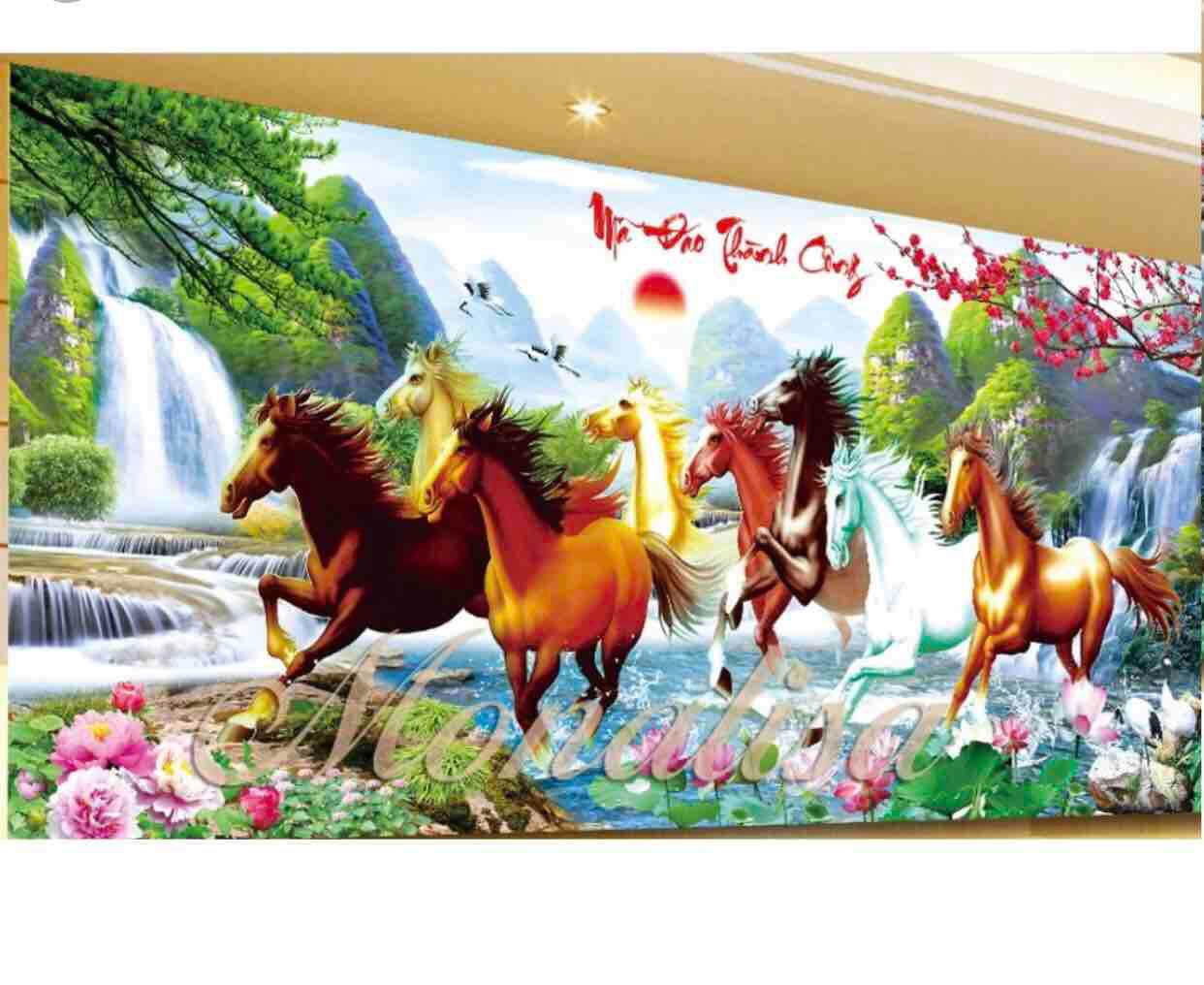 [HCM]TRANH THÊU KÍN CHỈ LỤA BÓNG ĐẸP - tranh thêu mã đáo thành công 148x73 cm