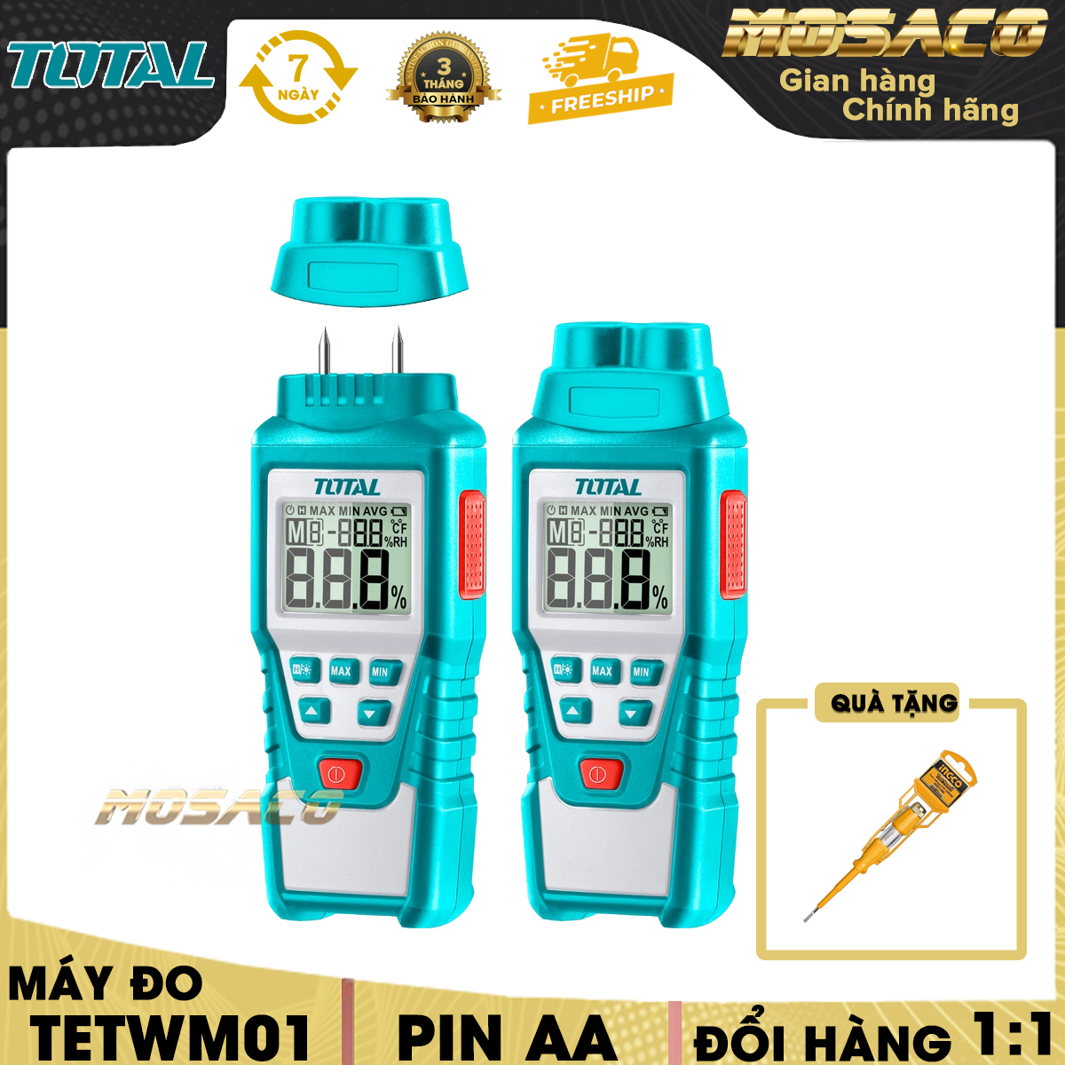 Máy đo độ ẩm gỗ total tetwm01 màn hình lcd. máy đo độ ẩm gỗ cầm tay phạm vi đo độ ẩm từ 2 đến 70%, thời gian đáp ứng nhỏ hơn 1 giây - mosaco