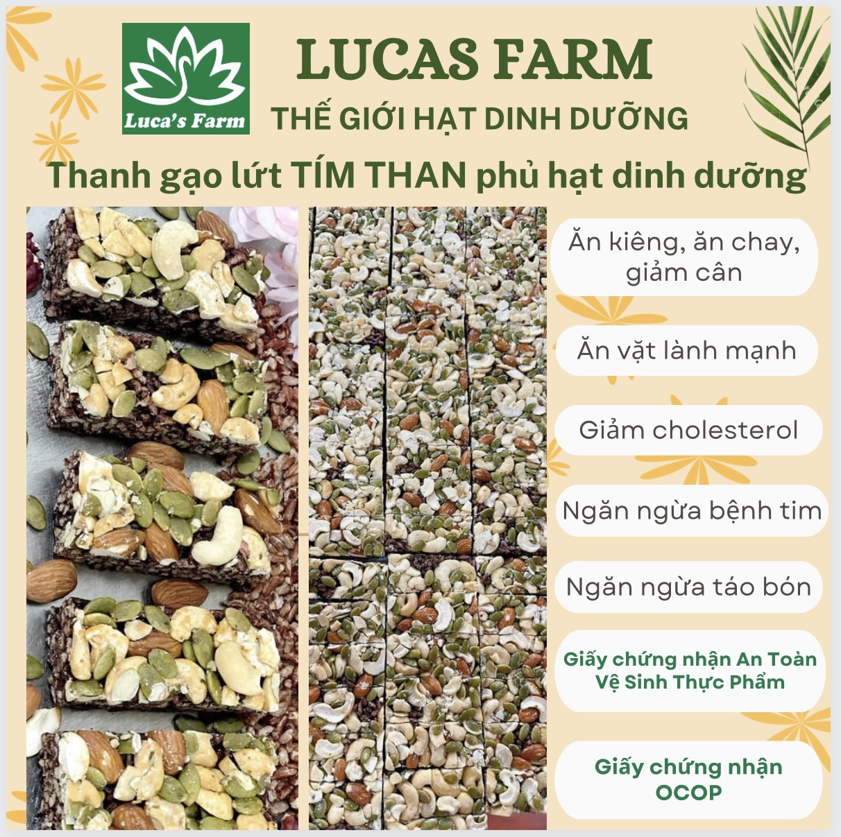 Thanh gạo Lứt TÍM THAN hạt dinh dưỡng không đường, bánh ngũ cốc thuần chay granola ăn kiêng ăn chay giảm cân eat clean keto healthy tốt cho sức khoẻ người bệnh tiểu đường Lucas Farm hạt dinh dưỡng gồm gạo lứt tím than hạnh nhân, nhân bí xanh, hạt điều