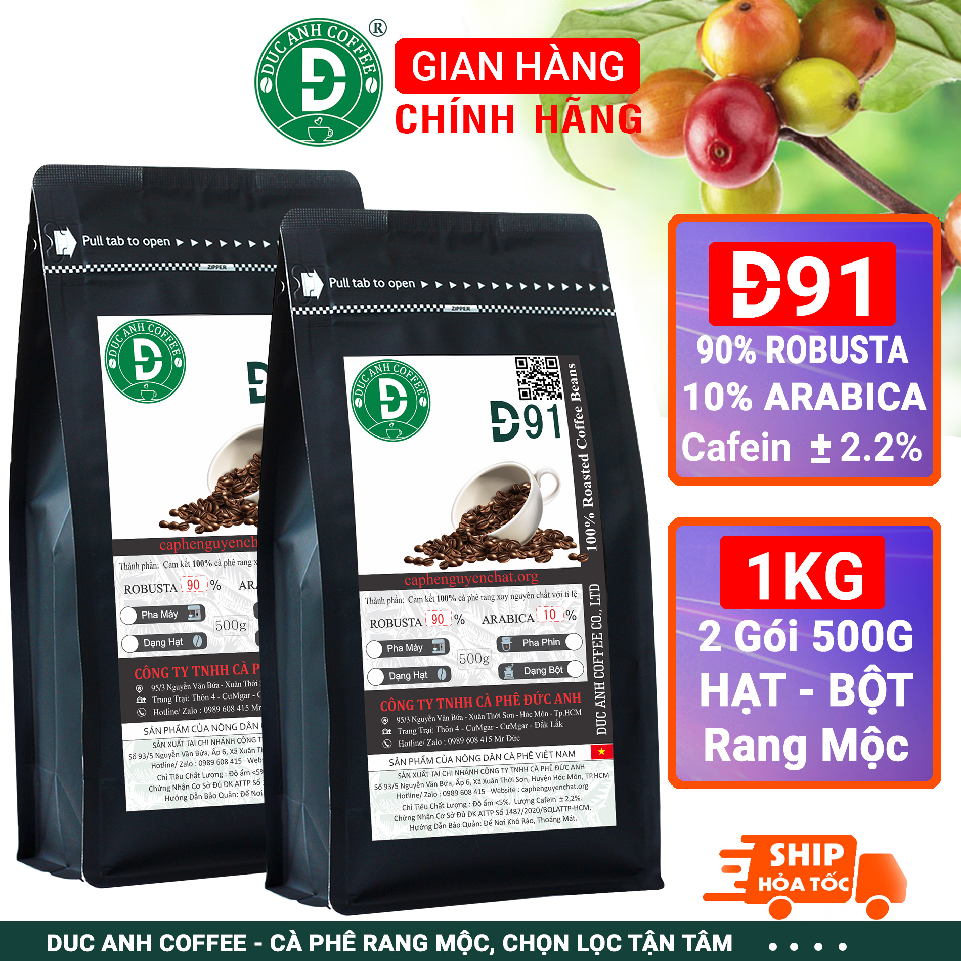 1kg Cà Phê DUC ANH COFFEE D91 (90% Robusta +10% Arabica) - Nguyên Chất Rang Mộc Dùng Pha Phin, Pha Máy Hạt, Bột Tùy Chọn - Cafein 2,2% Đậm Đắng - Chua Nhẹ - Giao Hàng Nhanh - Bán Hàng Trực Tiếp Từ Nông Trại - Cà Phê Đức Anh