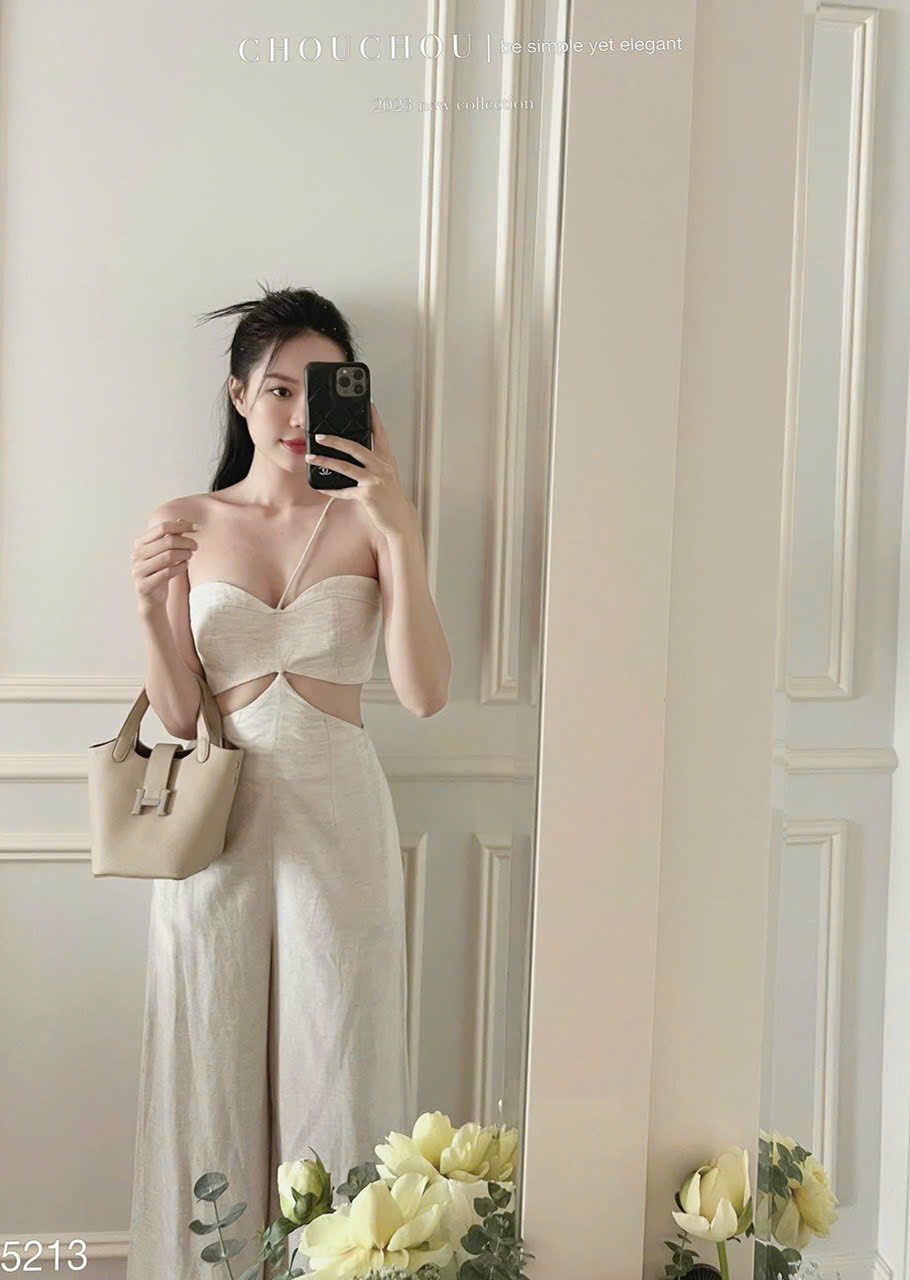 Jum nữ cúp ngực dây chéo khoét eo quần dài dáng suông sang chảnh