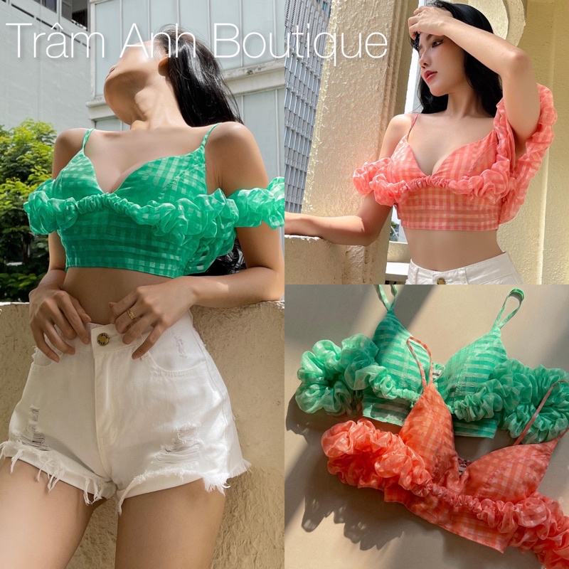 272 - áo croptop 2 dây bèo trễ vai trâm anh boutique