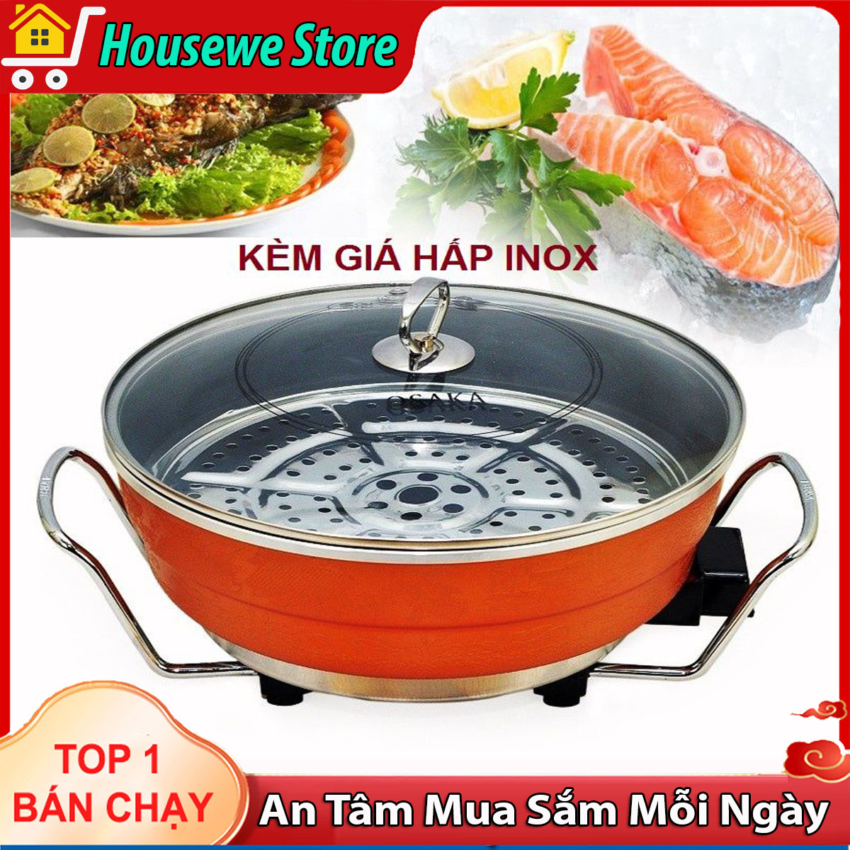 Nồi lẩu điện đa năng osaka 7903s tặng kèm vỉ hấp - bếp lẩu điện đa năng osaka công suất 1300w, chiên, xào, lẩu, nấu - bảo hành 12 tháng
