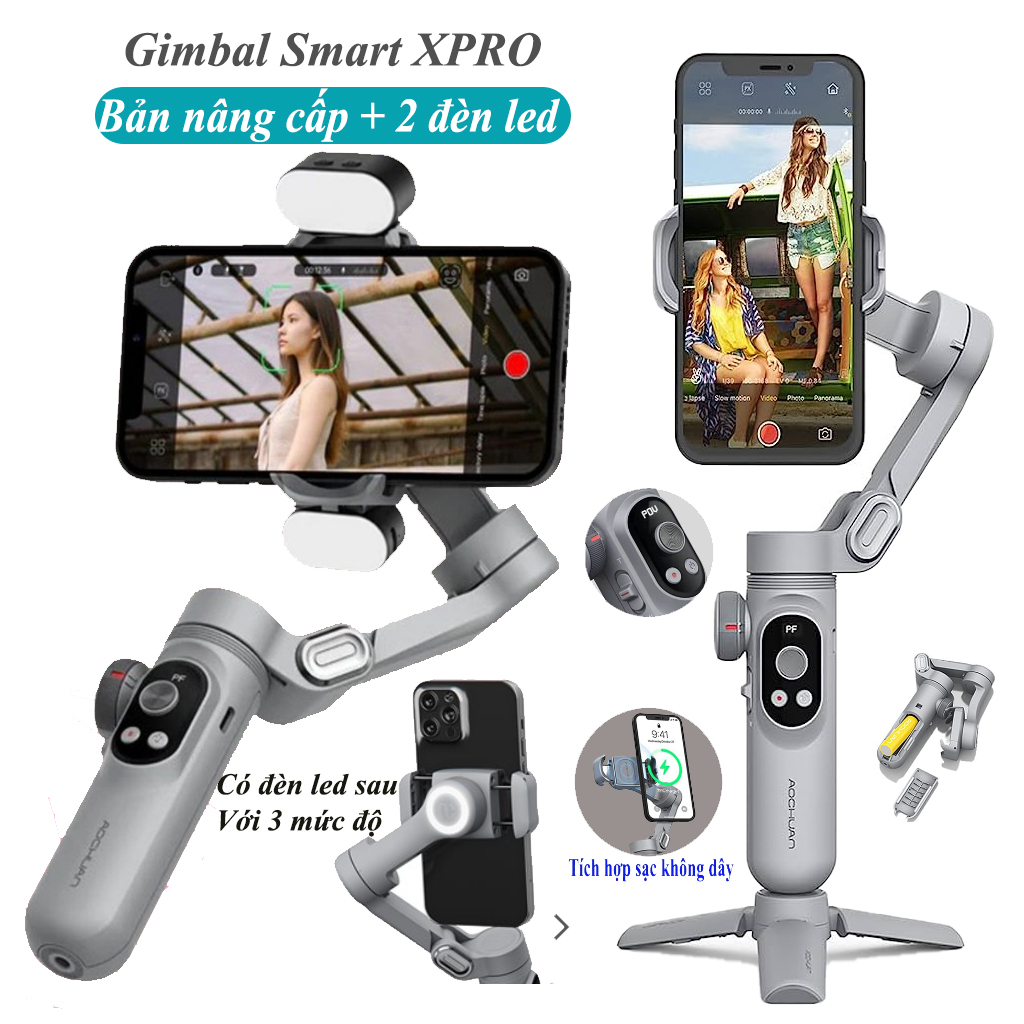 Gimbal smart x pro - tích hợp sạc không dây - pin 3200 mah, gậy quay phim chống rung trang bị đèn led trợ sáng