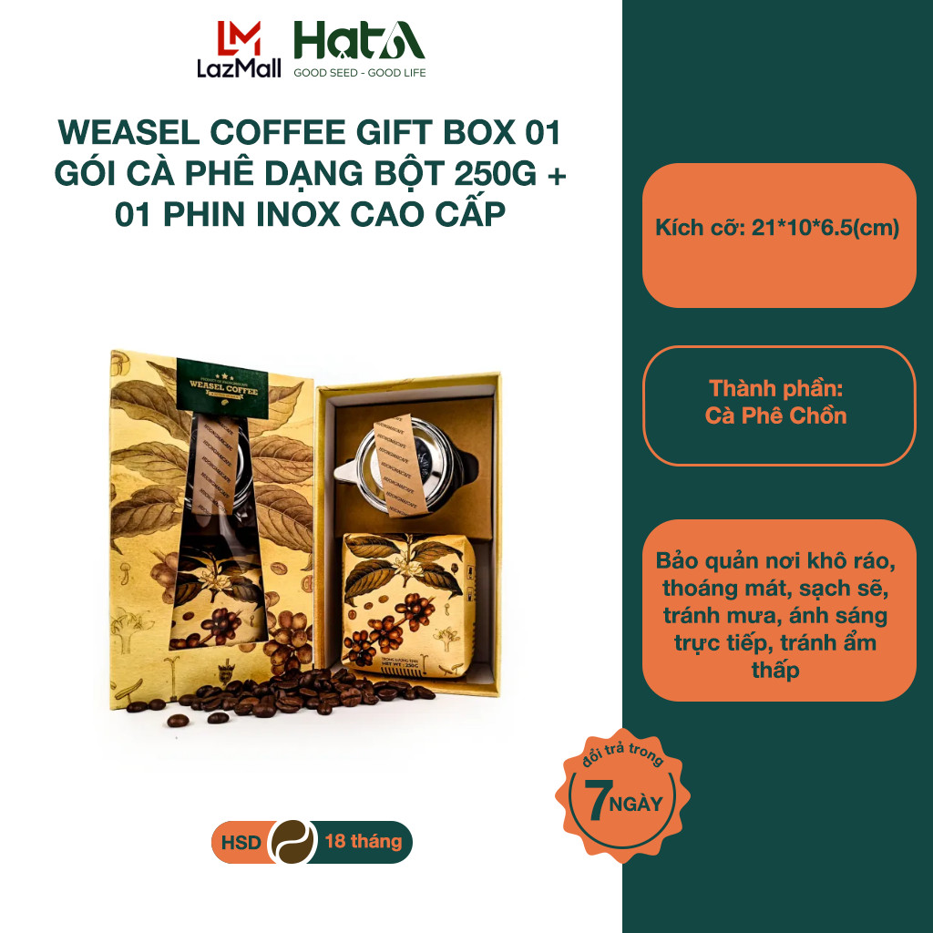 Cà Phê Chồn Nguyên Chất 100% Hương Mai Cafe Weasel Coffee Gift Box (Intense Aroma) Hương Thơm Đậm Đà - Thích Hợp Làm Quà Biếu Tặng Gồm 01 Gói Cà Phê Dạng Bột  250g + 01 Phin Inox Cao Cấp