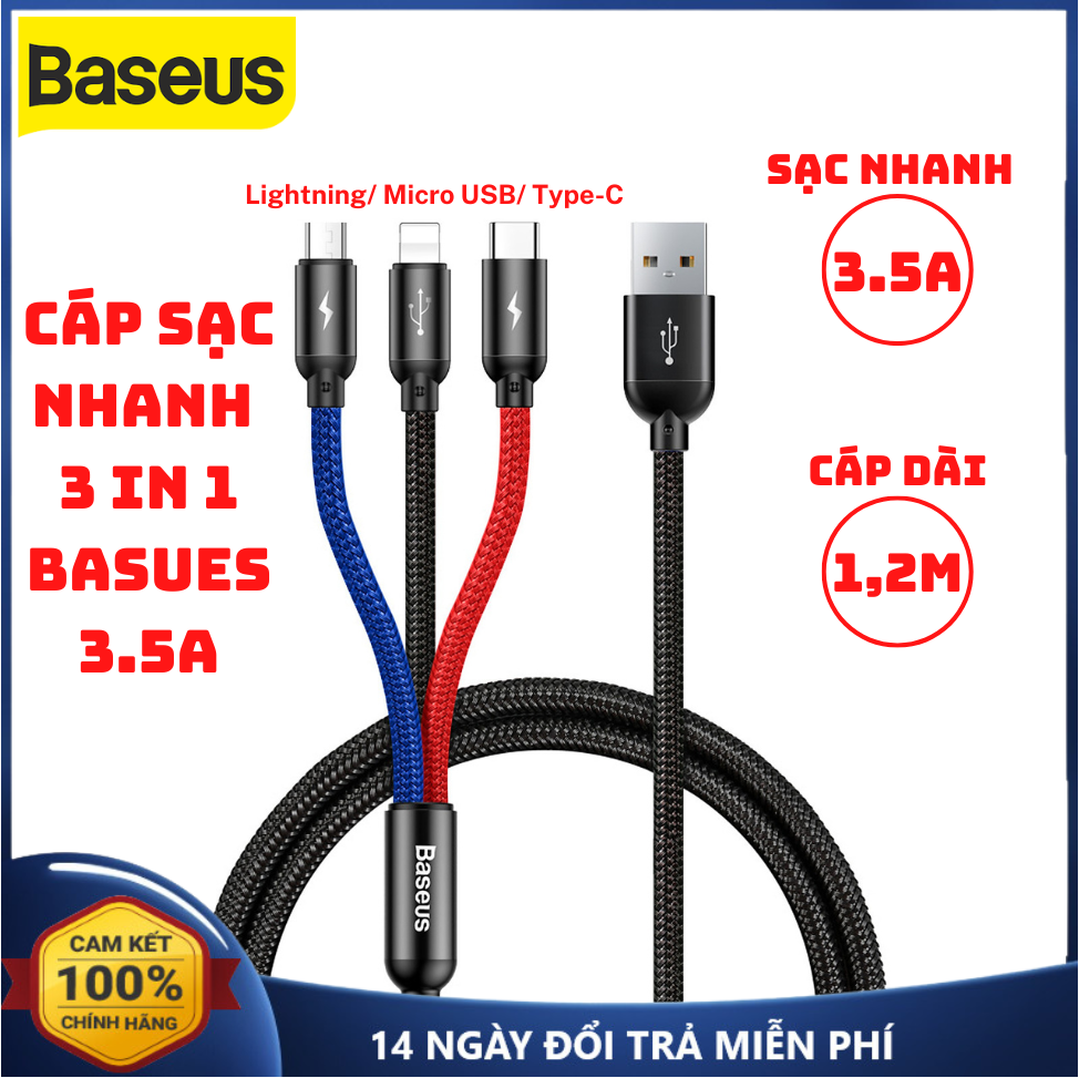Cáp sạc nhanh 3 trong 1 iphone type c micro usb baseus 3.5a dây sạc nhanh 3 trong 1 cáp sạc 3 đầu sạc nhanh dài 1,2m