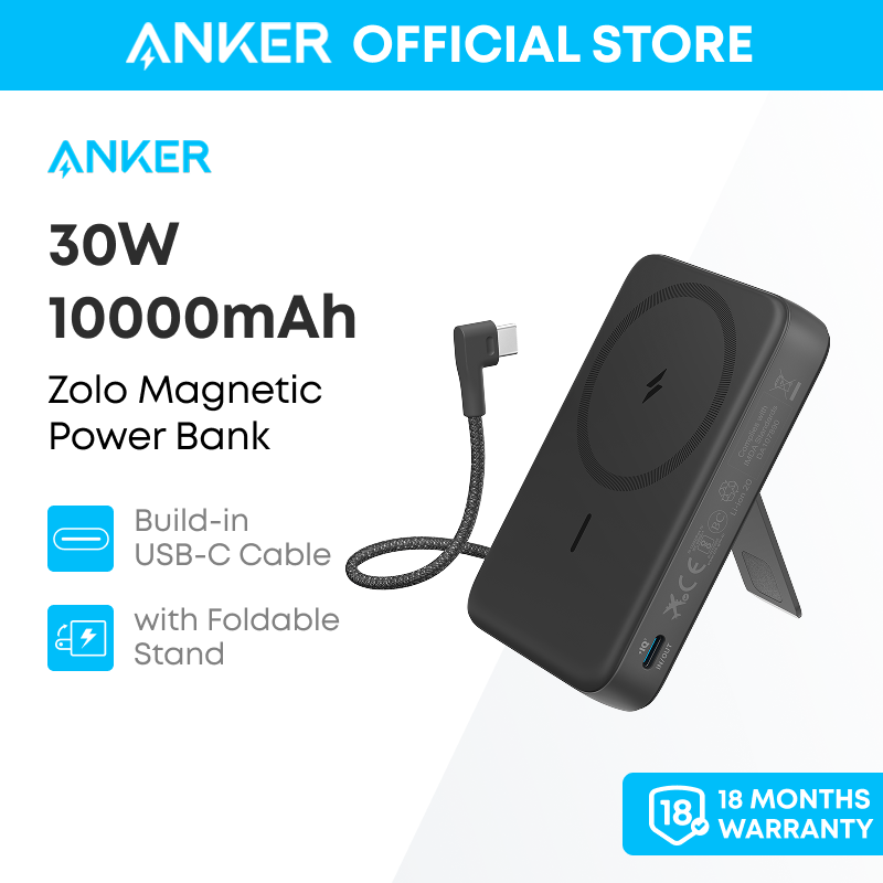 Sạc dự phòng không dây Anker Zolo 10000mAh Wireless Power Bank Wireless Portable Charger with 30W Max Fast Charging, Battery Pack with Built-in USB-C Cable and Adjustable Stand for iPhone 17/16/15 Series, AirPods