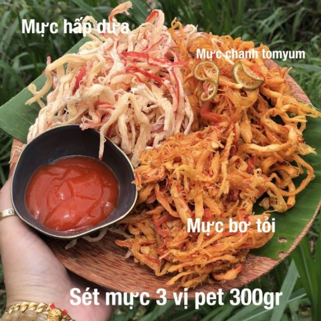 Mực sợi mix 3 vị, mực hấp dừa + mực bơ tỏi + mực tomyum, ăn liền