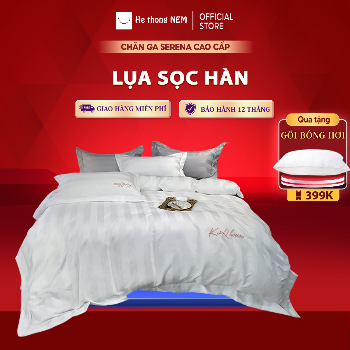 Bộ chăn ga lụa cao cấp lụa sọc hàn SERENA chính hãng - bộ chăn ga ra drap gối mền nệm đệm giường đẹp phi lụa thái 5 món khách sạn cao cấp 1m2 1m4 1m6 1m8 2m 2m2x2m