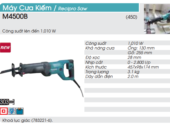 Máy cưa kiếm Makita M4500B có độ bền bỉ cao không bị mài mòn và có khả năng chịu được điều kiện làm việc khắc nghiệt