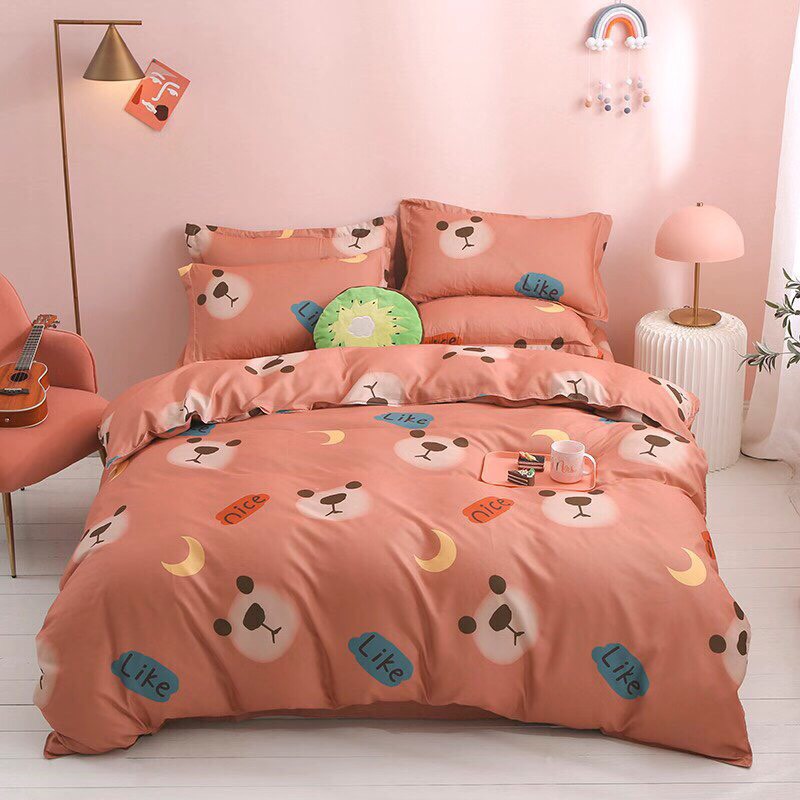 Bộ Chăn Ga Gối Cotton Hàn Quốc - Gấu Hồng ( 1 Drap + 2 Vỏ Gối Nằm + 1 Chăn Lồng Được Ruột ) Không Phai , Không Xù , Kích Thước Đa Dạng