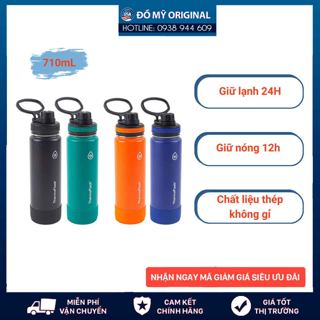Bình Giữ Nhiệt Thermo Flask 710ml 24oz có 1  Nắp Hàng Nhập Mỹ làm Độ bền cao chịu được va đập mạnh giữ nóng 12h giữ lạnh 24h