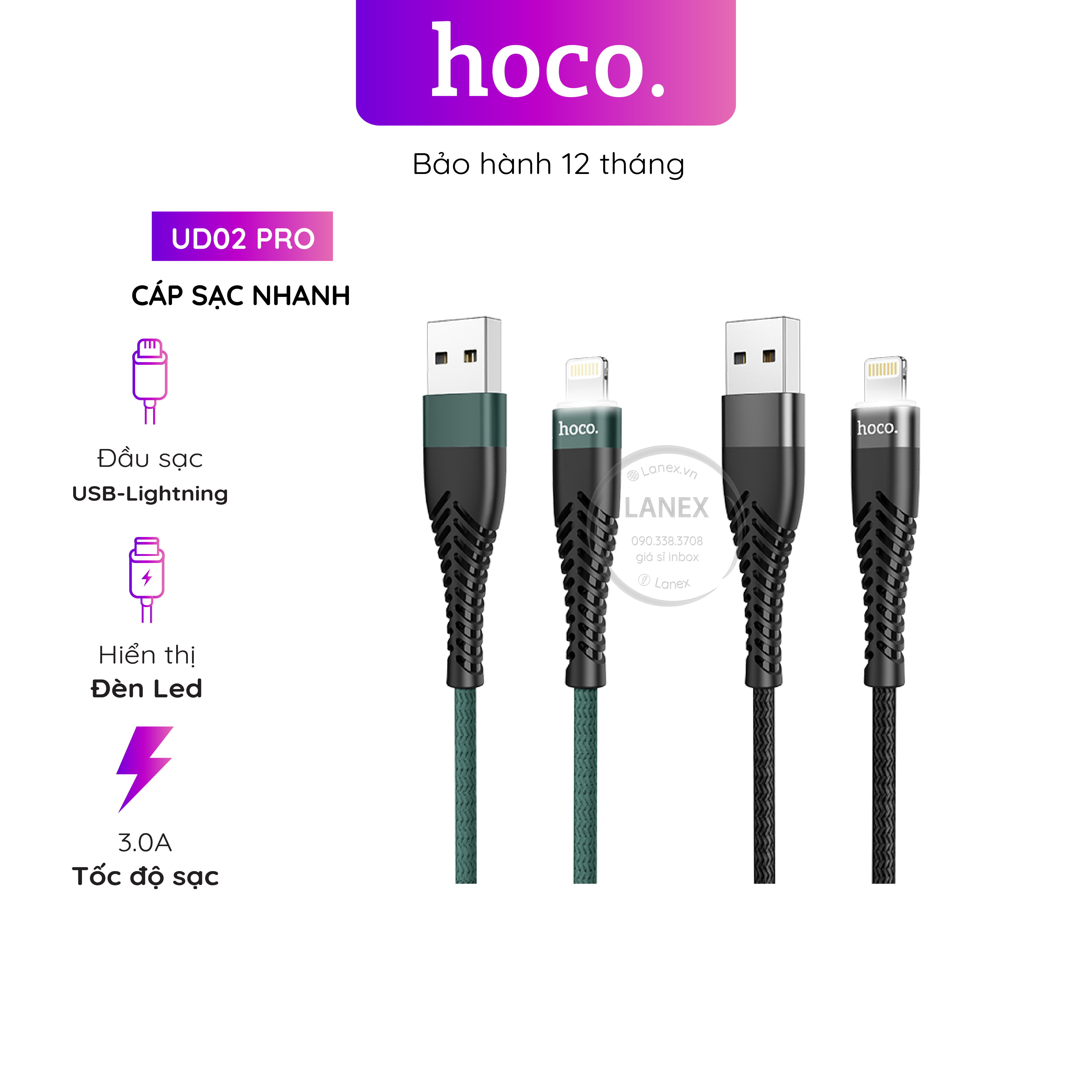 Cáp sạc nhanh hoco ud02 pro dây dù có led lightning 3.0a dài 1.0m