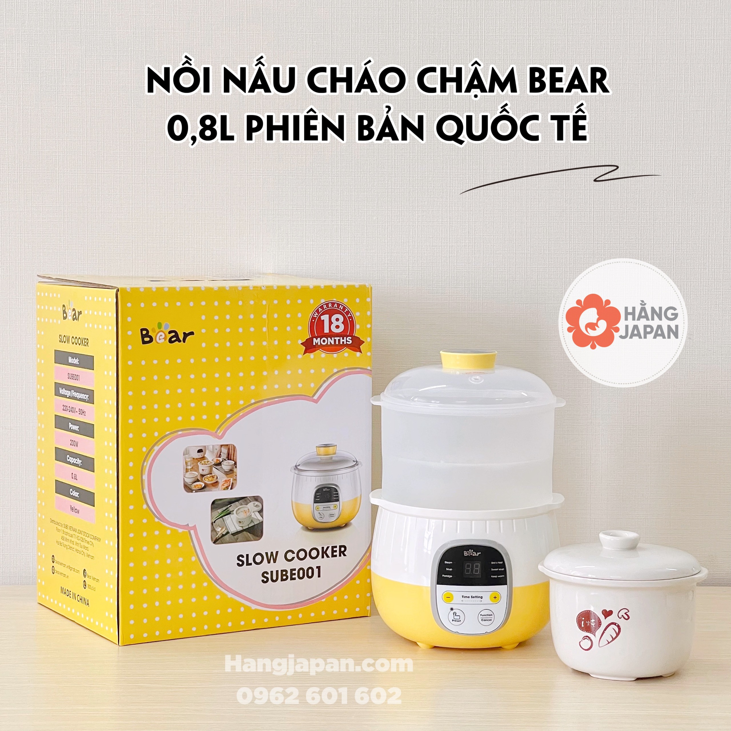 Nồi nấu chậm cho bé bear 0.8l /1.6l sube002 bản quốc tế, nồi hầm cháo cho bé ăn dặm, ninh, hầm, ủ cháo