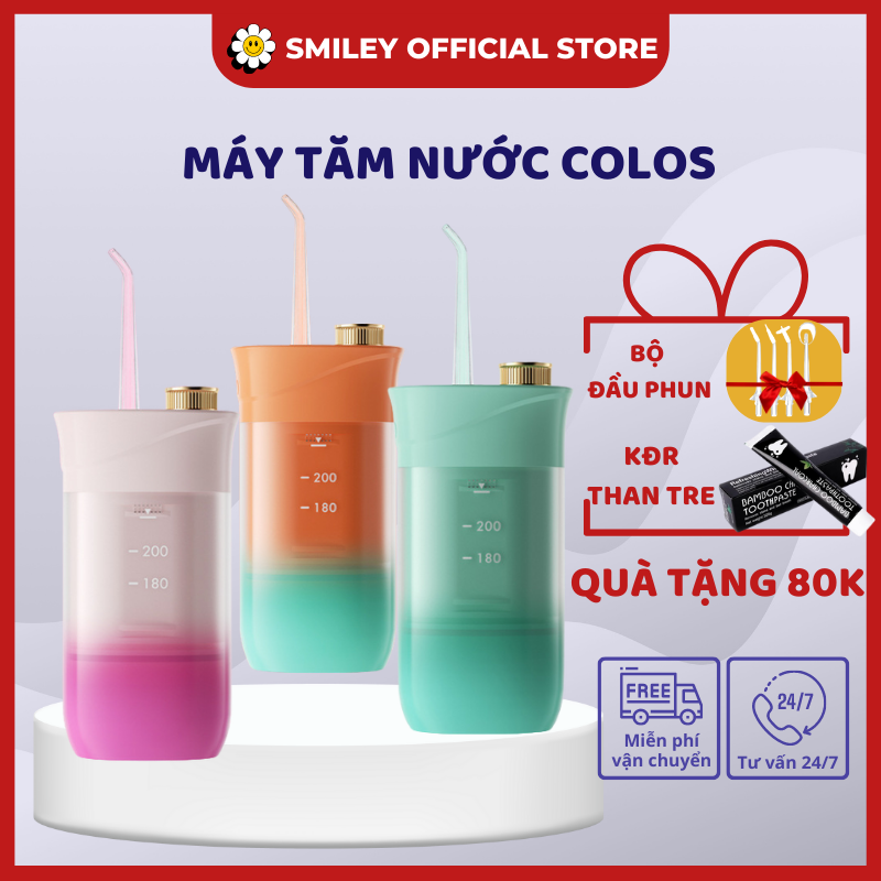 Máy tăm nước cầm tay Colos, Máy tăm nước làm sạch răng hiệu quả, Tặng bộ đầu phun kèm kem đánh răng than tre