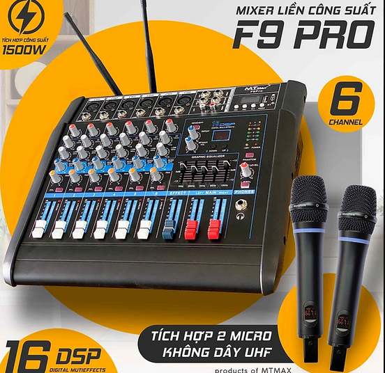 Mixer MTMax F9 Pro liền công xuất chuyên nghiệp tích hợp nhiều chức năng EQ reverb delay echo 16 chế