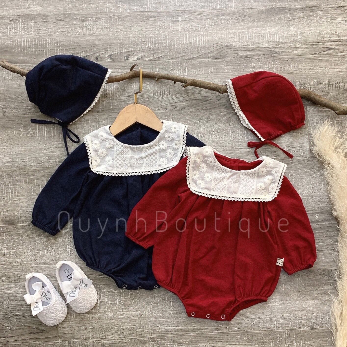 Body Dài Tay Cho Bé Gái QUỲNH BOUTIQUE Bodysuit Cho Bé Gái Nhung Tăm Kèm Mũ Trùm Đầu