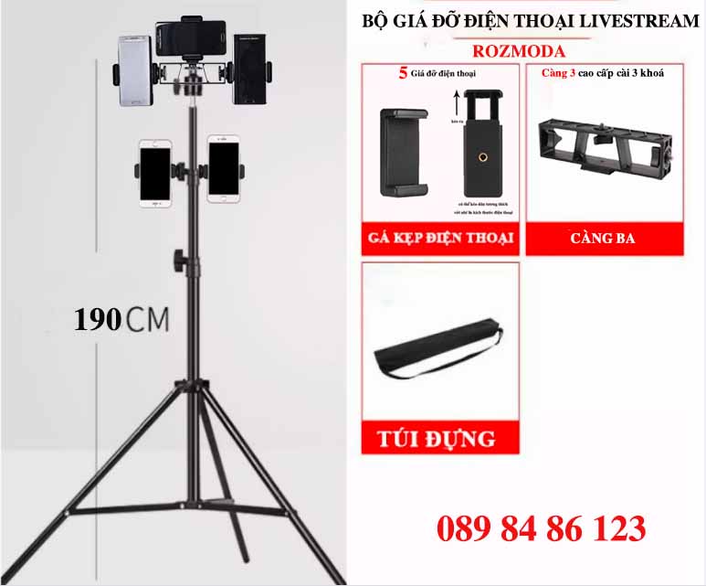 Bộ kẹp điện thoại 5 CÀNG xoay 360 độ gắn tripod, cây livestream 1m9 tăng giảm được chiều cao có kèm kẹp điện thoại tiện lợi siêu cấp ROZMODA