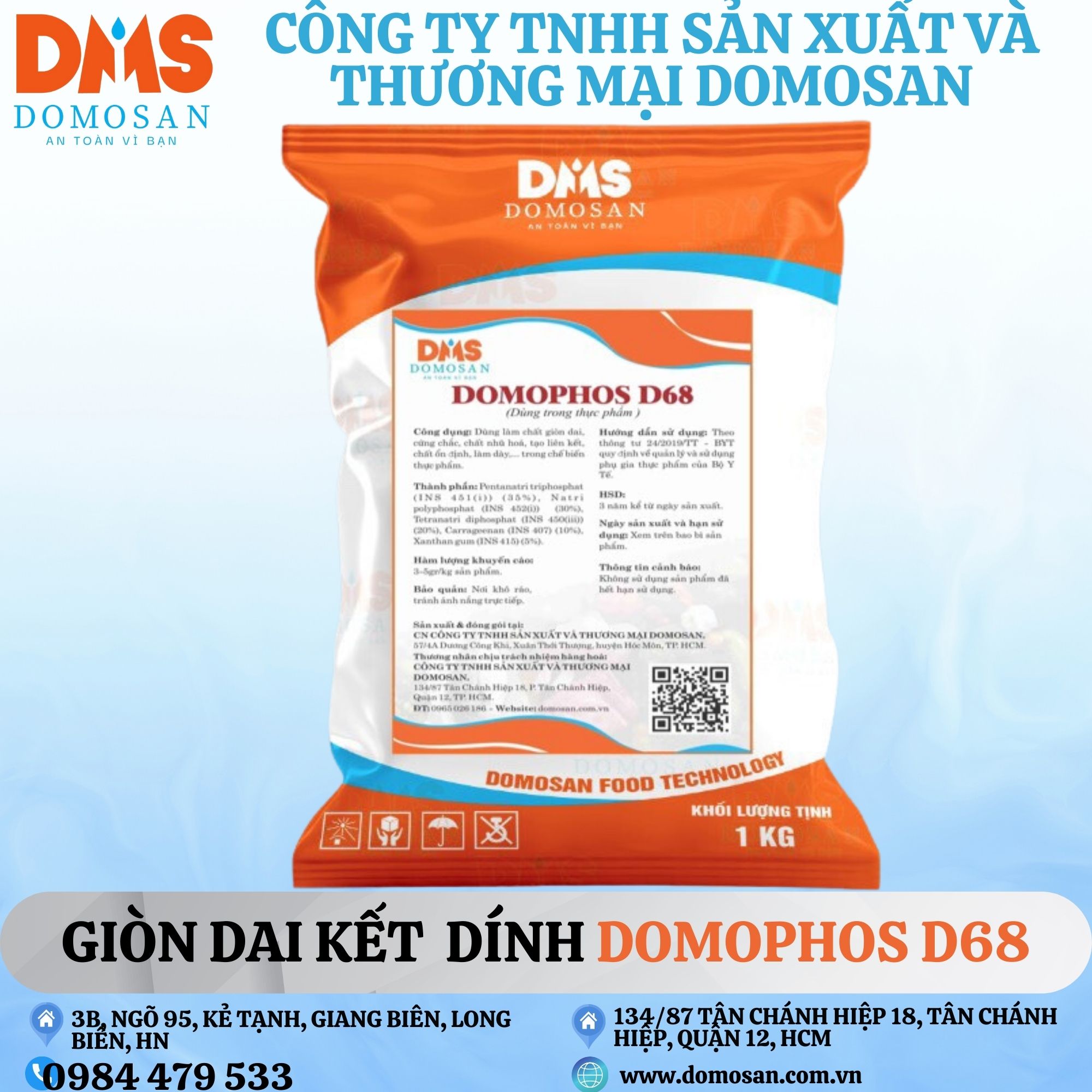 1kg DOMOPHOS D68 Phụ gia giòn dai kết dính ĐỨC-Phụ gia tạo giòn dai thay thế hàn the trong giò chả xúc xích>