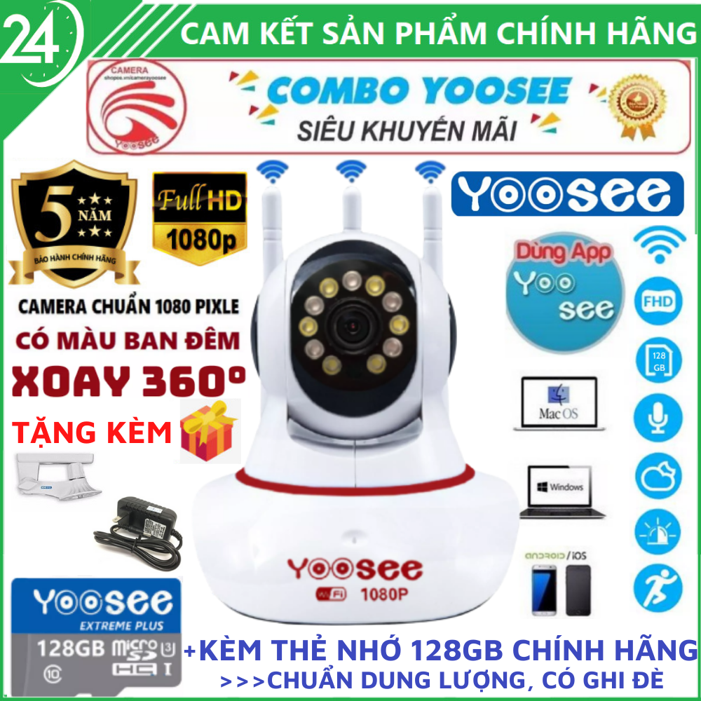 [LỰA CHỌN KÈM THẺ NHỚ 128GB CHÍNH HÃNG- BẢO HÀNH 5 NĂM] Camera Wifi Trong Nhà Camera Yoosee 3 Râu 2.0Mpx 1080P - Quay Đêm Có Màu, Xoay 360°, Cài Đặt Tiếng Việt 100%, Phát Hiện Và Theo Dõi Chuyển Động, Chia Sẻ Nhiều Thiết Bị, Đàm Thoại