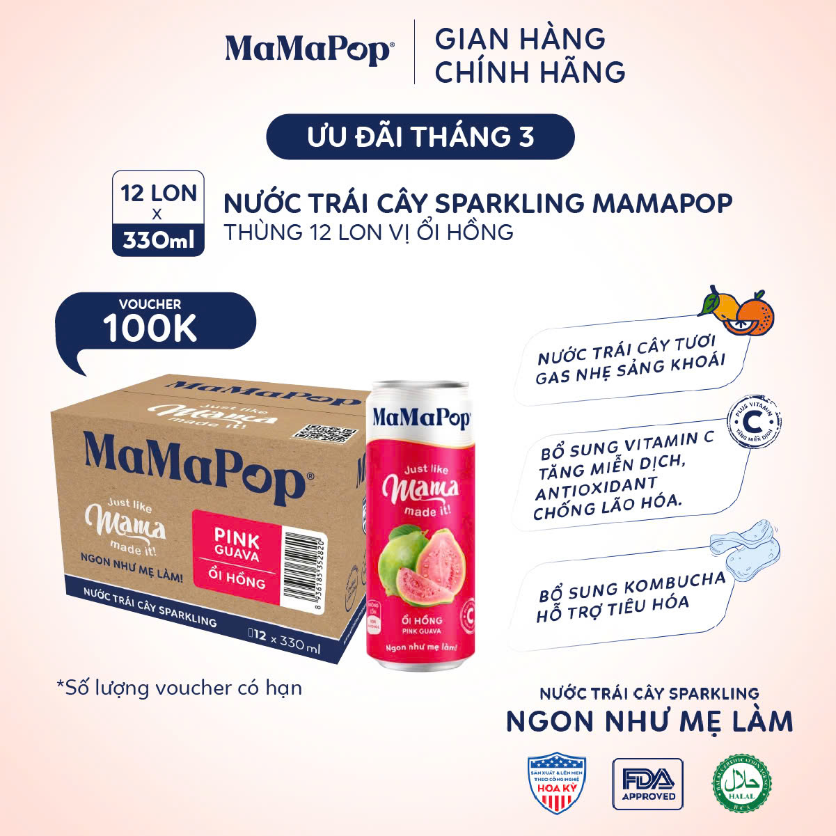  Thùng 12 lon nước trái cây sparkling Mamapop vị Ổi Hồng 330ml 