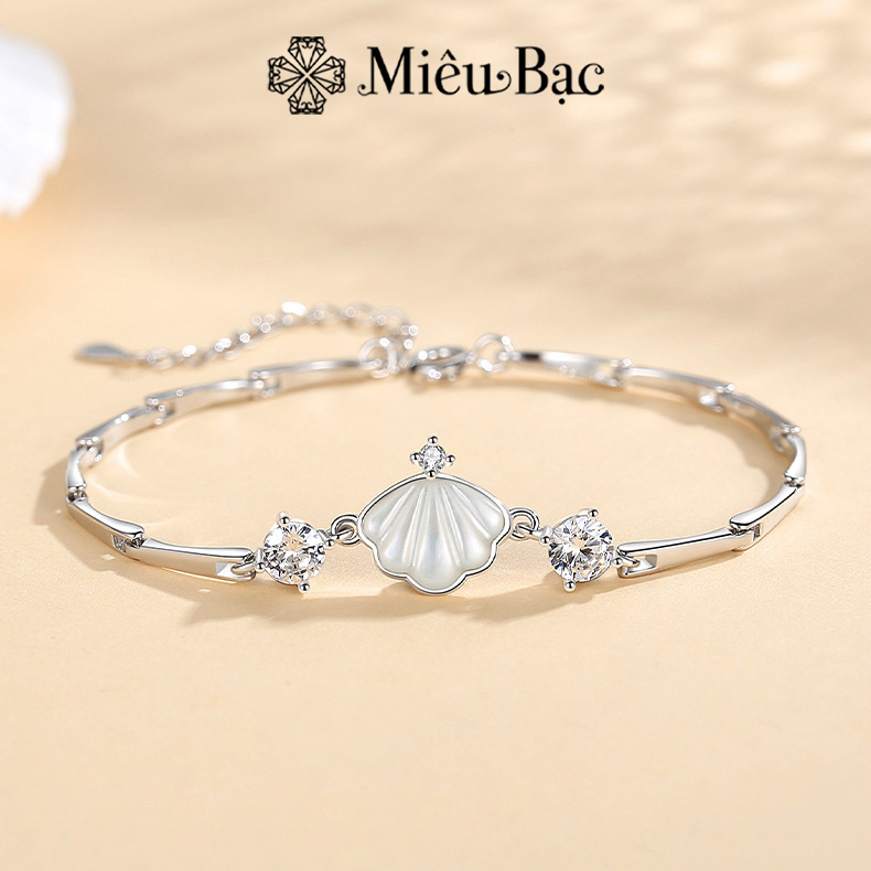 Lắc tay bạc nữ Vỏ sò đá moonstone chất liệu bạc 925 trang sức phụ kiện Miêu Bạc L000146x