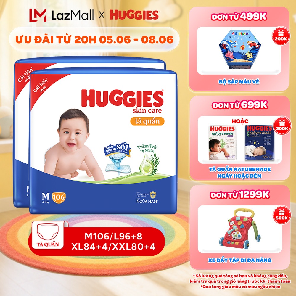 Combo 2 gói Tã/ bỉm quần Huggies Skincare Mega Jumbo M106/L100+4/XL84+4/XXL76+4 với tràm trà dịu da
