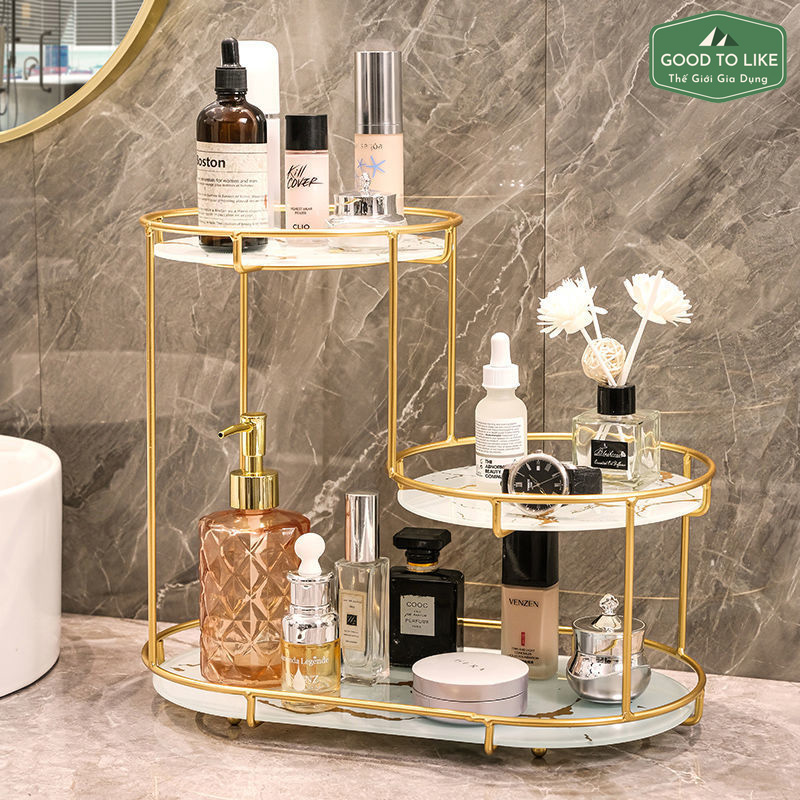 Kệ đựng mỹ phẩm,tủ đựng mỹ phẩm trang điểm 3 tầng cao cấp phong cách châu âu khung viền mạ vàng làm bằng thép không gỉ