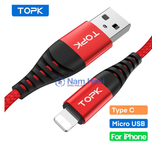 Dây cáp sạc nhanh topk an42 cho micro usb type c lightning đầu nối usb dây nylon bện dài 1 mét