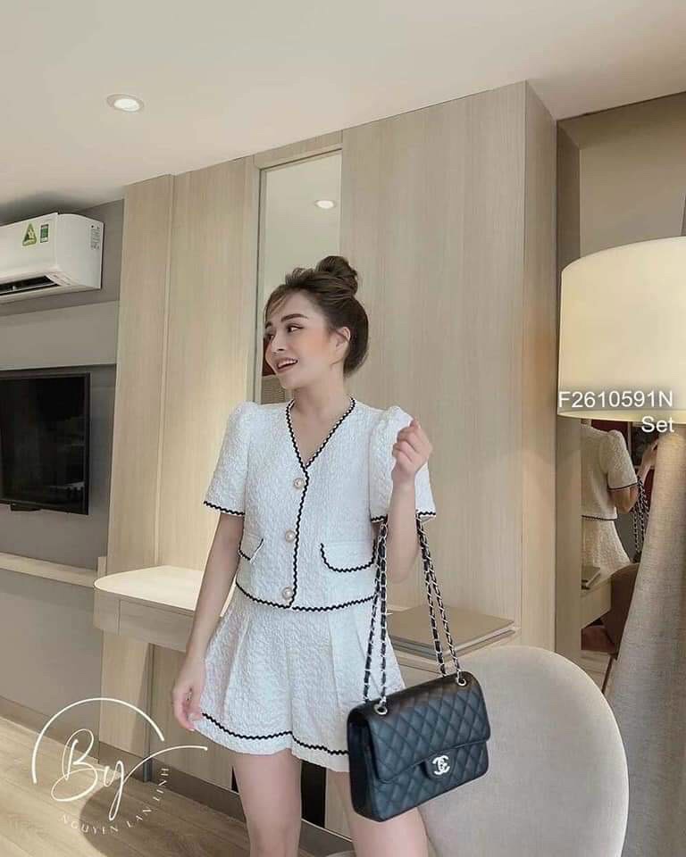 Sét bộ đùi nữ cổ v phối viền, chất liệu gấm sốp