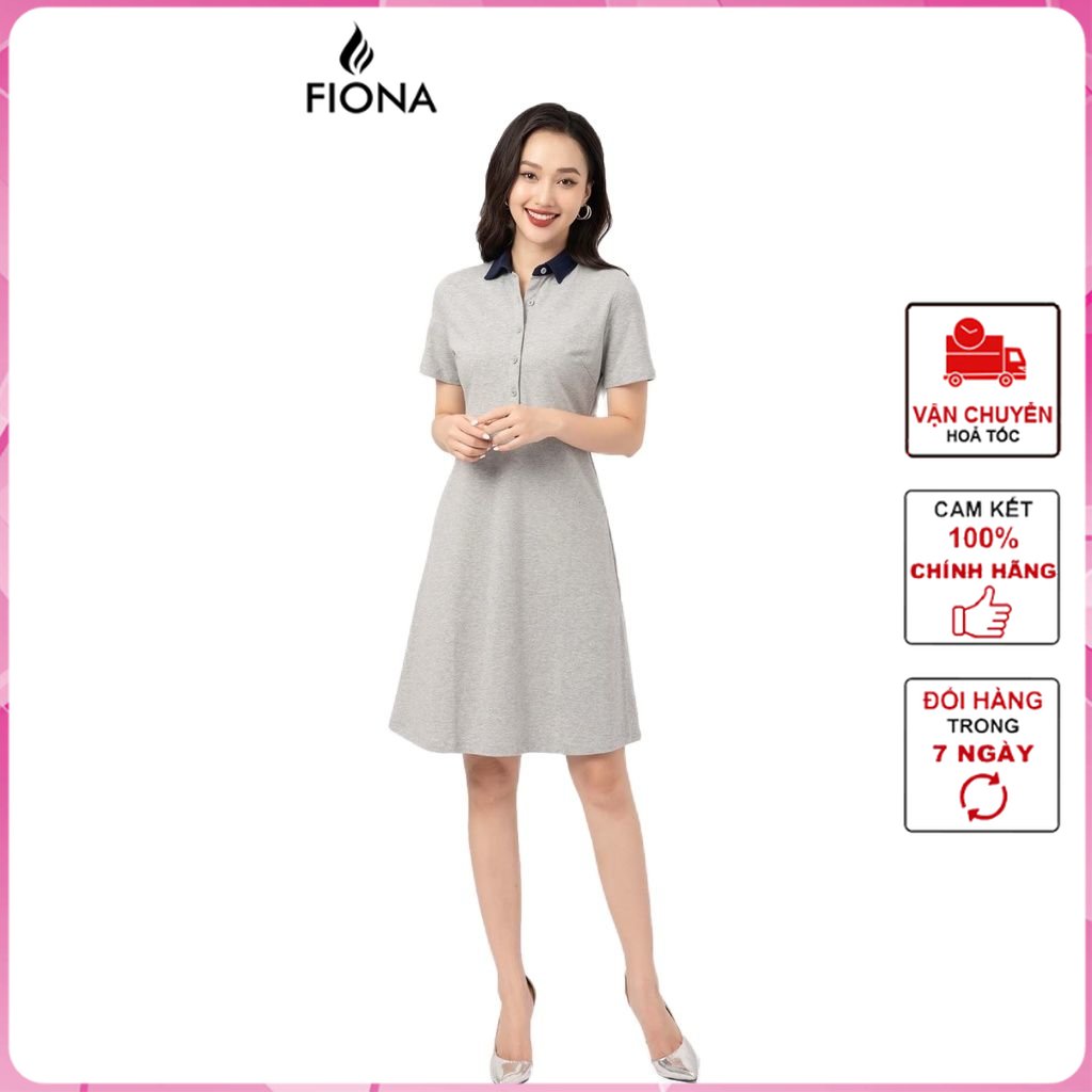 Đầm cotton nữ cổ đức dáng a váy suông ngắn tay cổ phối màu fiona f421211