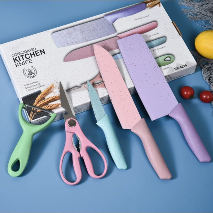Bộ dao làm bếp 5 món màu pastel dễ thương- Bộ dụng cụ nhà bếp lúa mạch Kitchen sang trọng