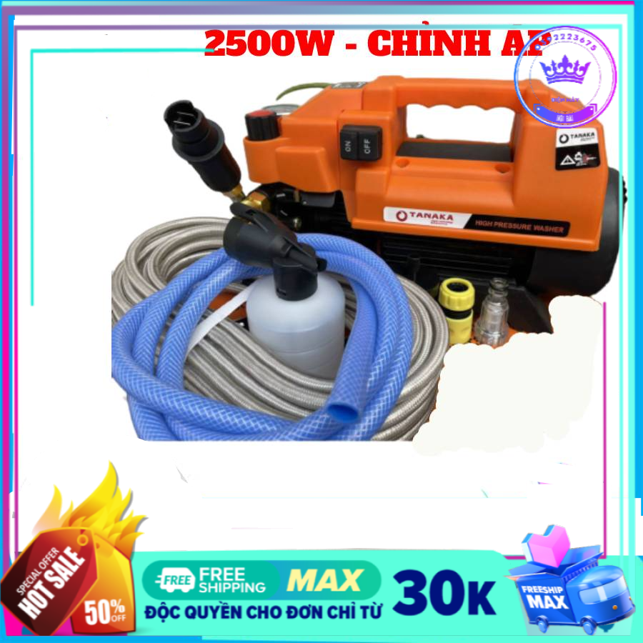 Máy xịt rửa áp lực cao TANAKA 2500W - máy rửa xe mini gia đình, có chỉnh áp, motor từ lõi đồng, bảo hành 12 tháng