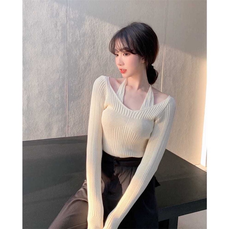 Freeship áo điệu cổ yếm buộc nơ len siêu co giãn sexy