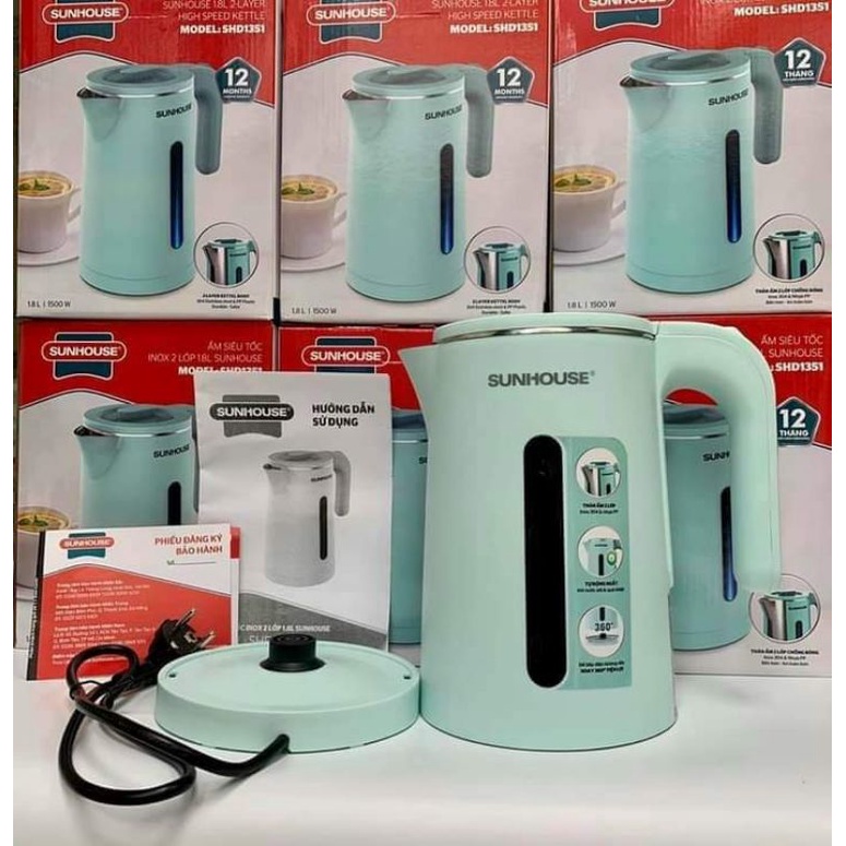 Ấm đun siêu tốc inox sunhouse 2 lớp cao cấp, bền đẹp 1.8l