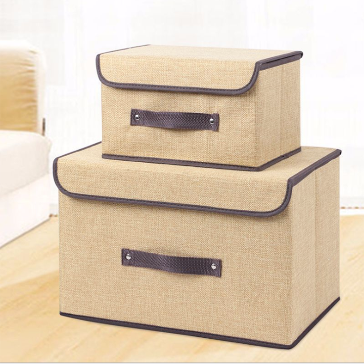 Bộ 2 hộp vải đựng đồ lưu trữ bằng vải khung cứng thùng đựng quần áo đồ chơi đa năng có nắp đậy